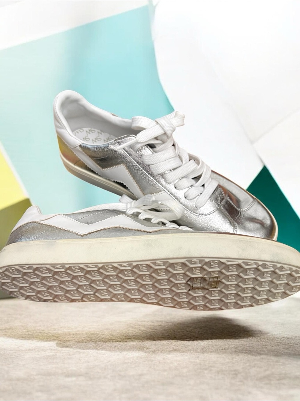 Stuart Weitzman Metallic Silver Low-Top Lace-Up Sneakers - Picture 2 of 5